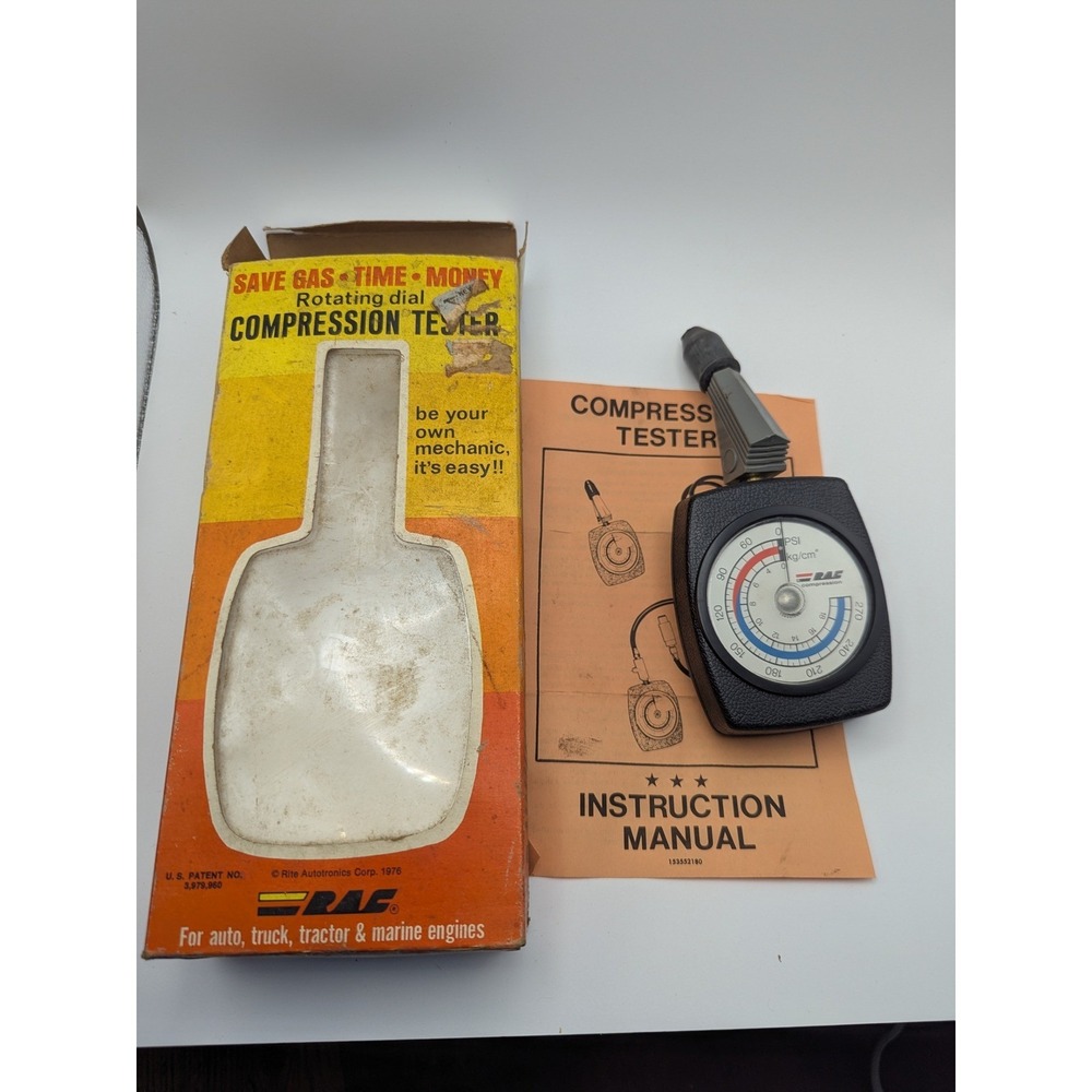 Vintage RAC 1535 Rotating Dial Compression Tester with Box and Manual 1976